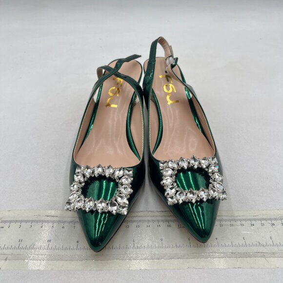 FSJ Green Crystal Square Buckle Pointed Toe Slingback Rhinestone Heel Pumps - Picture 3 of 8